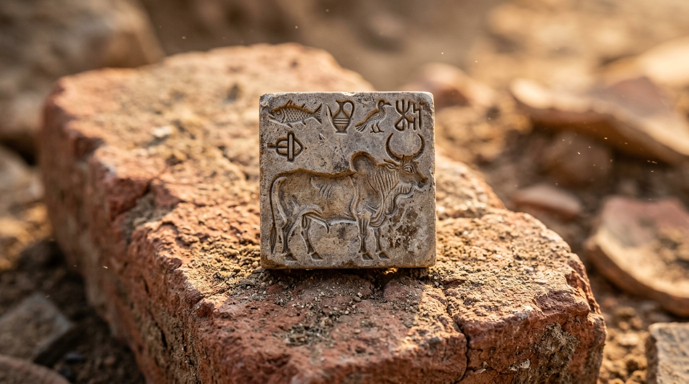 Close-up of an ancient Indus Valley engraved trade seal resting on a terracotta brick.