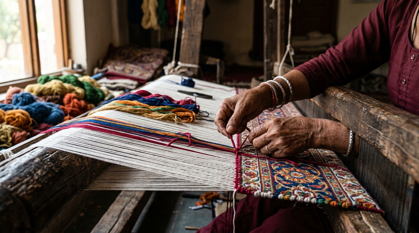 Artisan weaving a vibrant Mughal-style carpet with crimson, indigo, and gold silk threads.