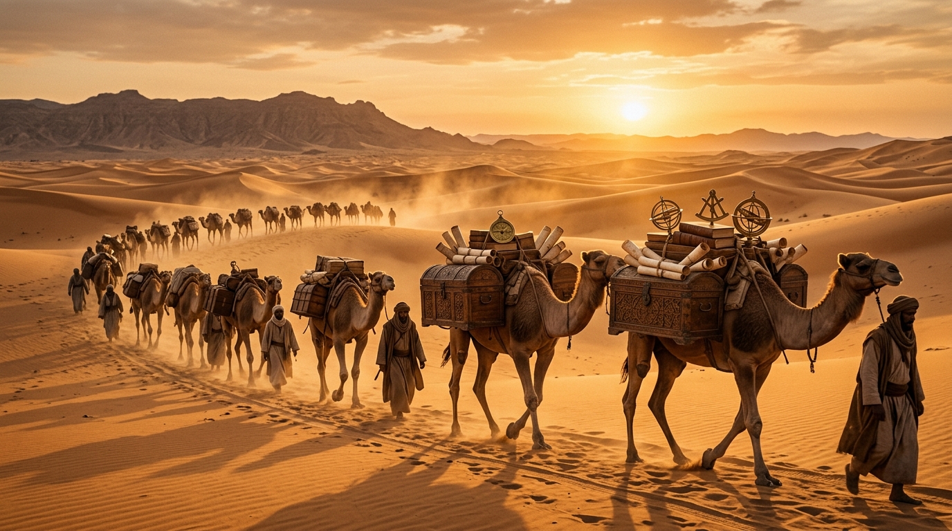 Ancient camel caravan carrying knowledge scrolls and astronomical instruments across a desert at golden hour.