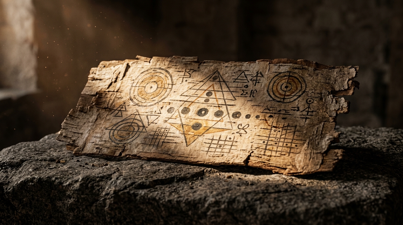Ancient birch bark manuscript showing early mathematical symbols and geometric diagrams illuminated by warm sunlight.