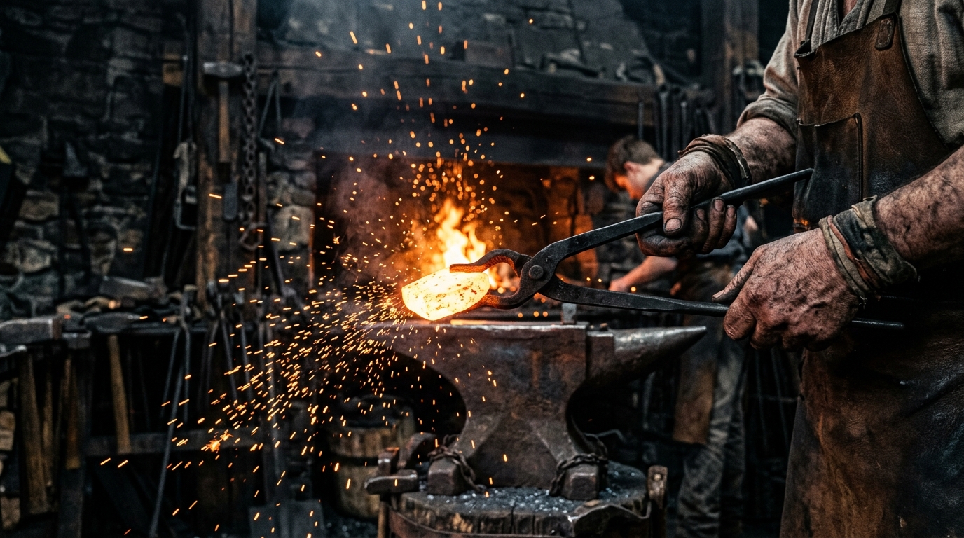 Glowing molten Wootz steel being lifted from an ancient metallurgical forge with heavy iron tongs.