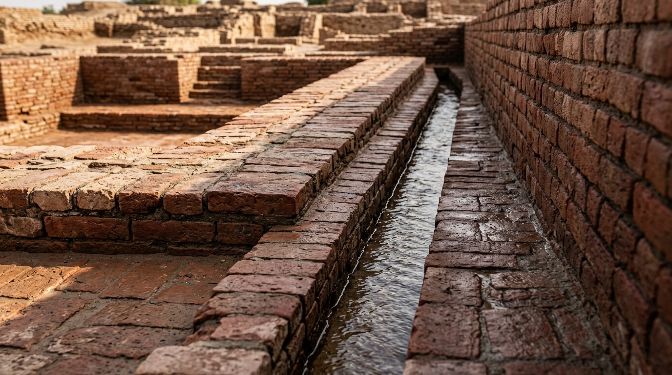 Ancient Indus Valley baked brick drainage system and water infrastructure with flowing water.