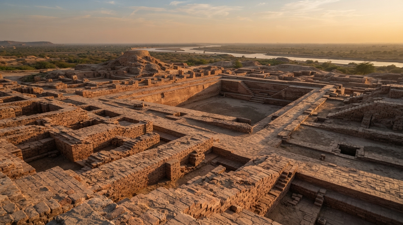 Ancient Indus Valley brick ruins at golden hour, showing early Indian city planning