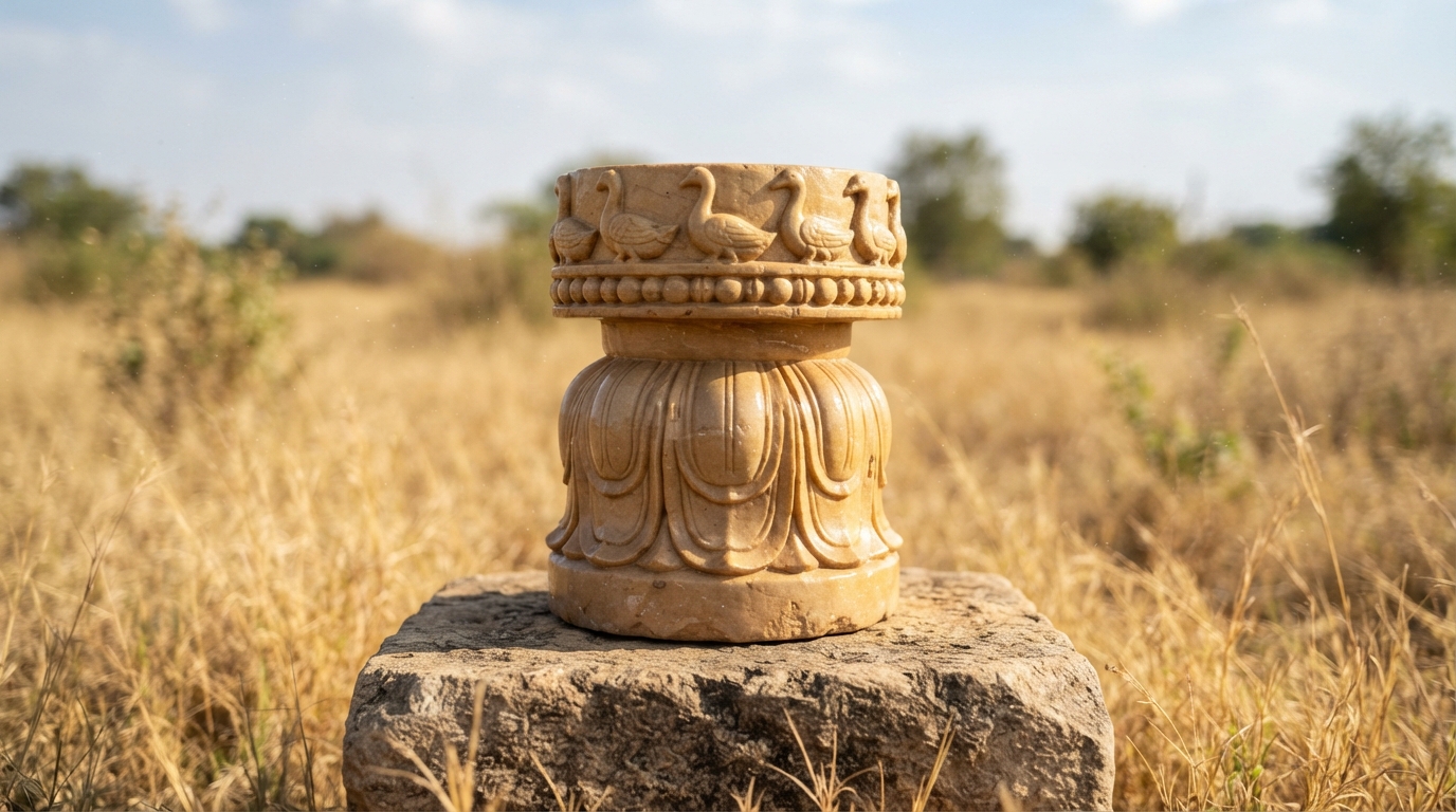 Polished Mauryan sandstone pillar with carved lotus capital under open sky