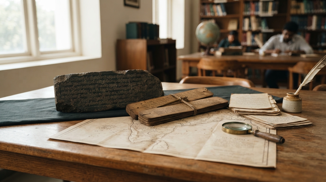 Ancient southern Indian palm-leaf manuscript and stone inscription beside a historical map