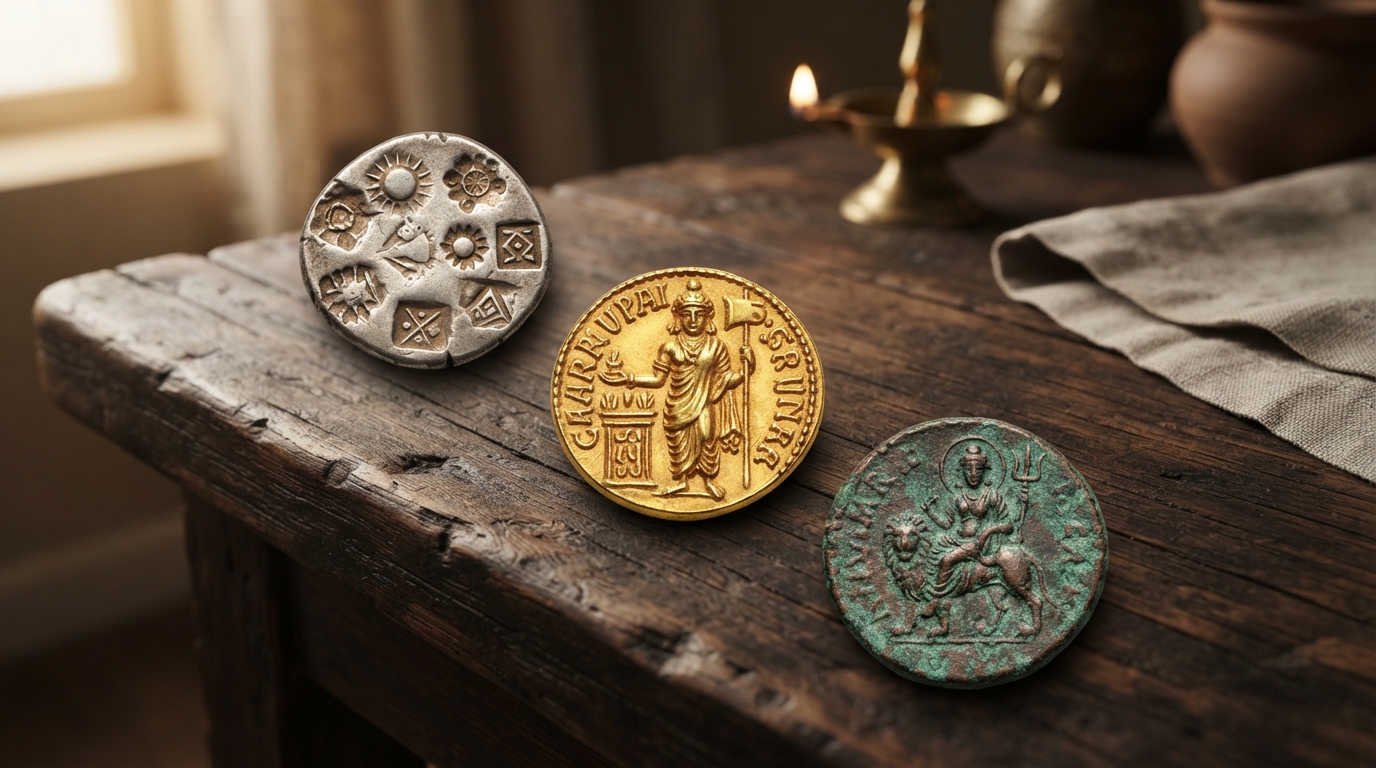 Ancient Indian coins including punch-marked silver and Gupta gold on a wooden table