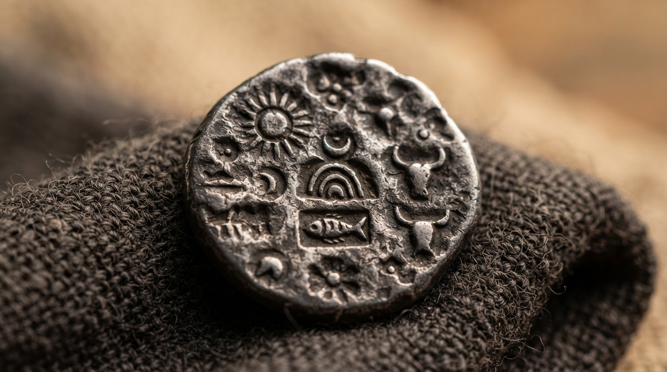 Close view of a silver punch-marked coin with ancient stamped symbols