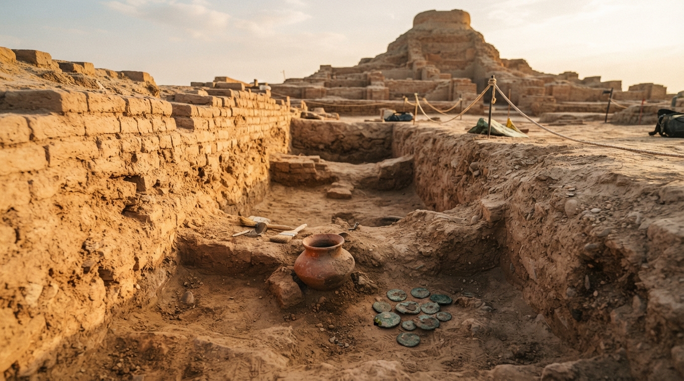 Excavation trench with corroded Kushan copper coins near an ancient brick wall