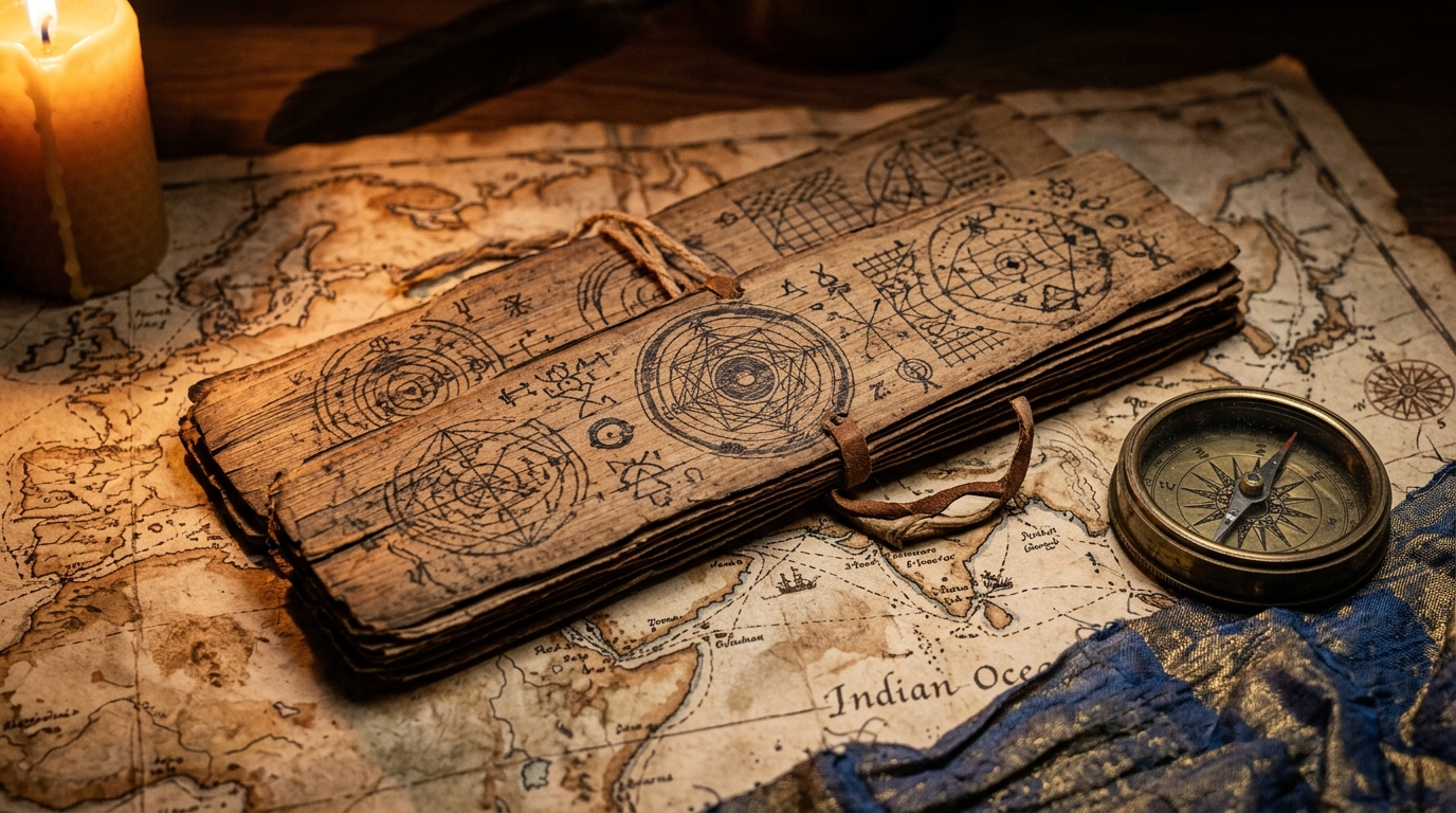 Ancient palm-leaf manuscript with astronomical diagrams resting on a historical maritime trade route map.
