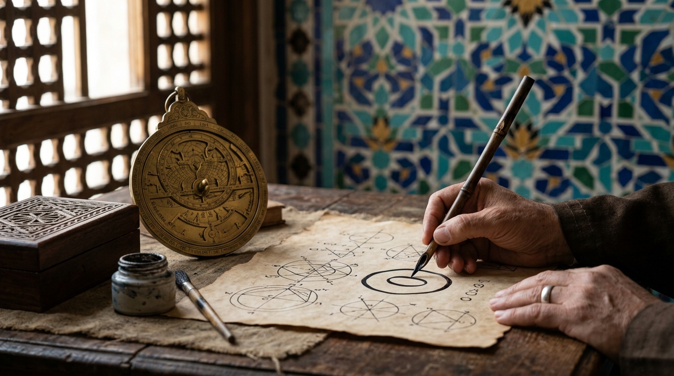 Historic Baghdad scholar table featuring a brass astrolabe and ancient mathematical geometric calculations.