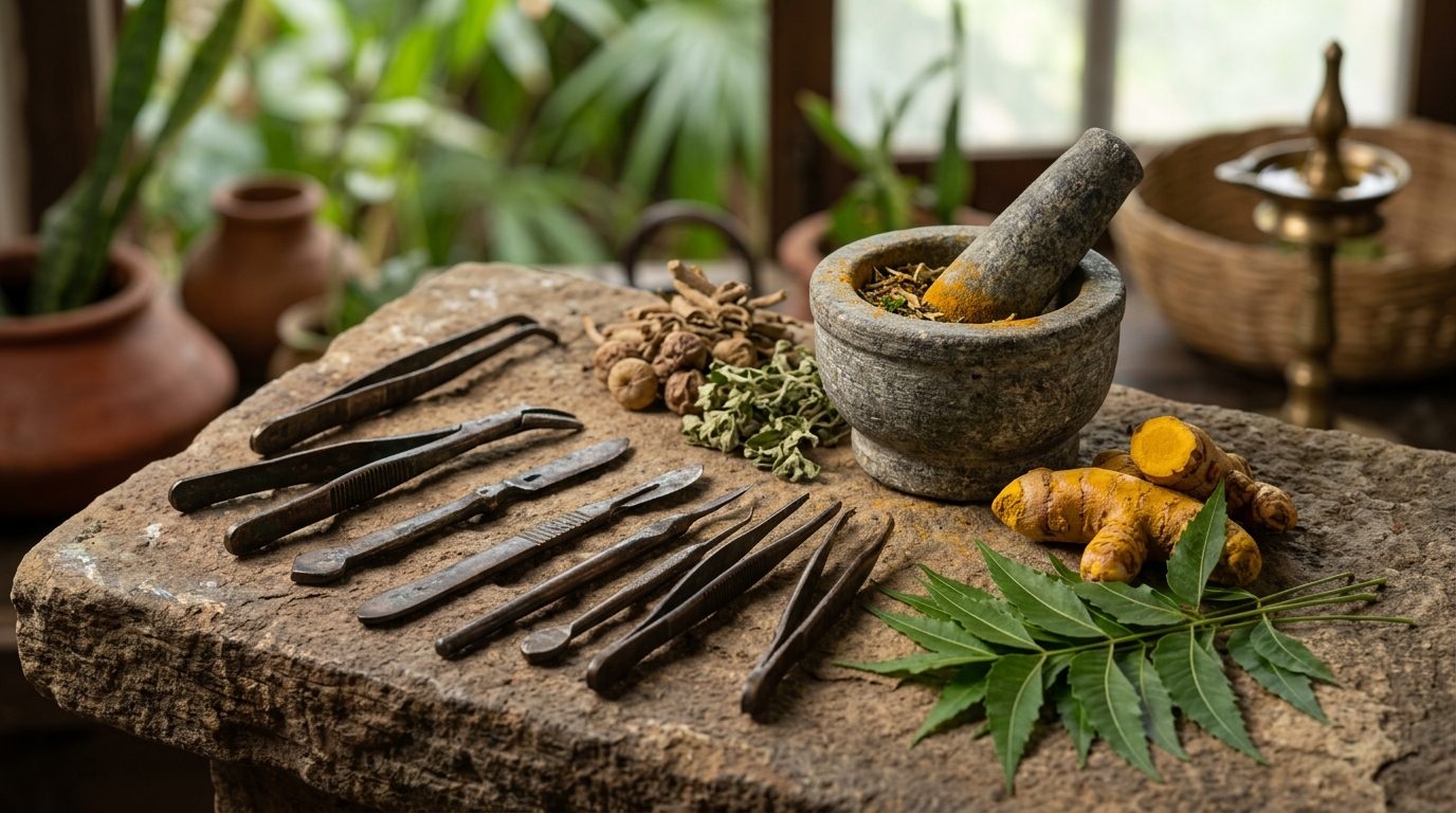 Ancient Indian Ayurvedic medical tools, bronze surgical instruments, and medicinal herbs on sandstone.