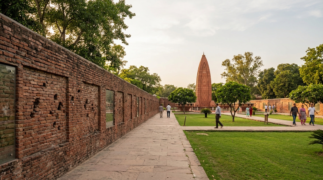 Historic bullet-marked brick memorial walls at Jallianwala Bagh public heritage garden in Amritsar.