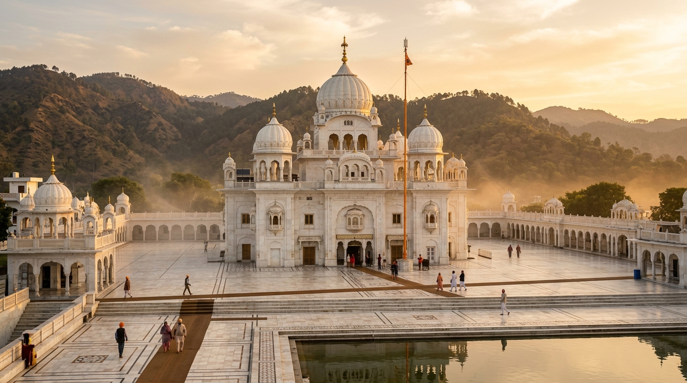 Pristine white marble architecture of Takht Sri Keshgarh Sahib in Anandpur Sahib Punjab.