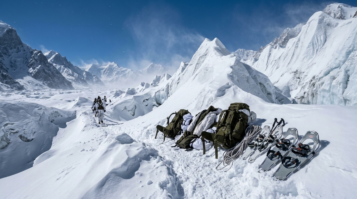 Snow-covered peaks and glacial terrain of the Siachen Glacier in the Karakoram range.