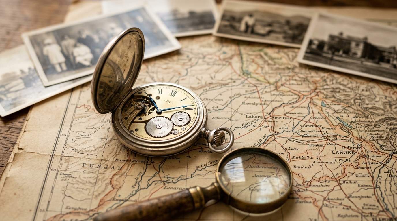 Vintage pocket watch on an old map of Punjab illustrating the Jallianwala Bagh history timeline.