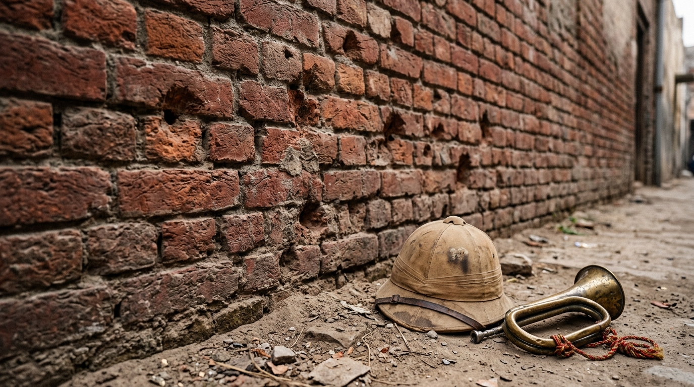 Vintage military helmet and brick wall symbolizing the martial law crackdown in Amritsar, Punjab.