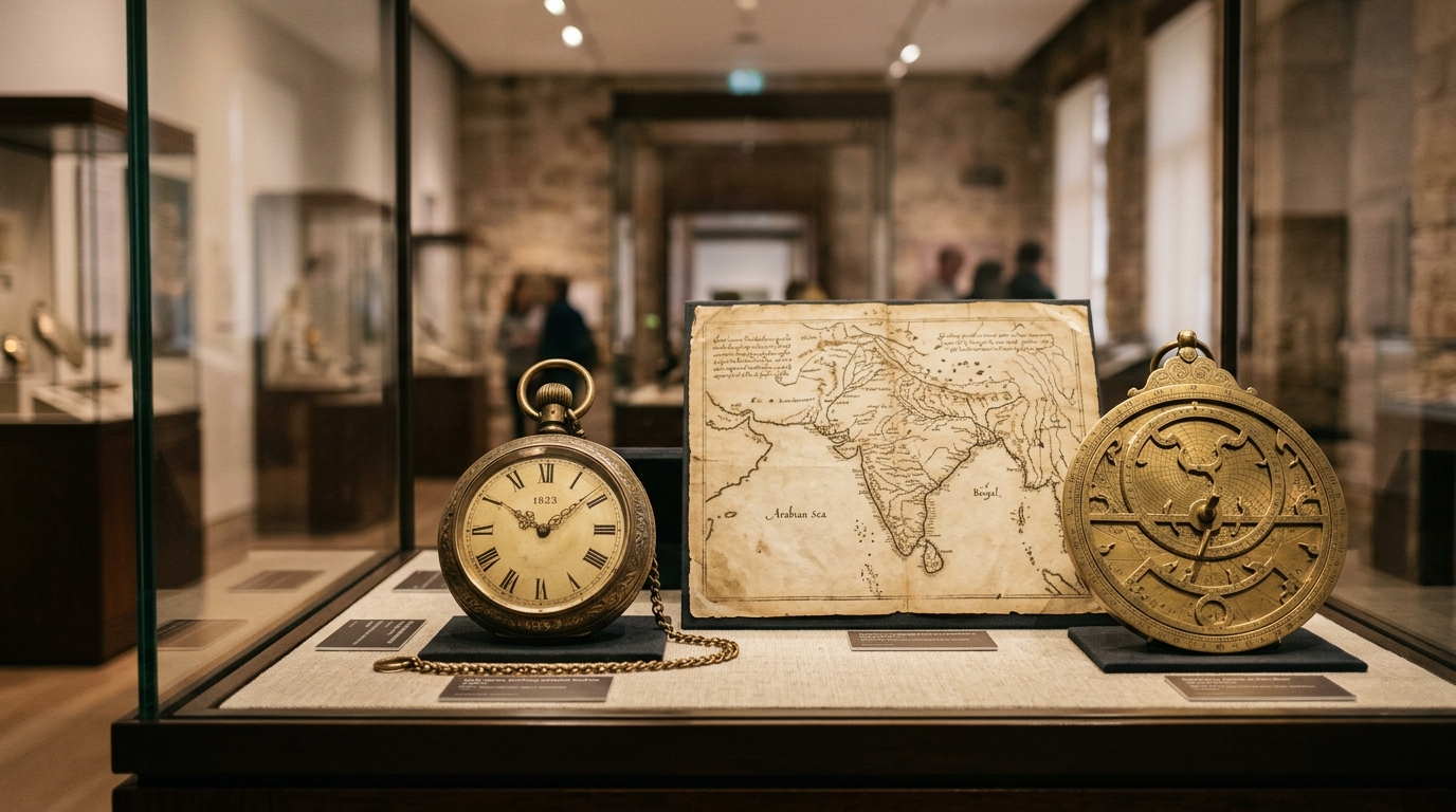 Curated museum artifacts including a vintage Indian map, brass watch, and traditional astrolabe.