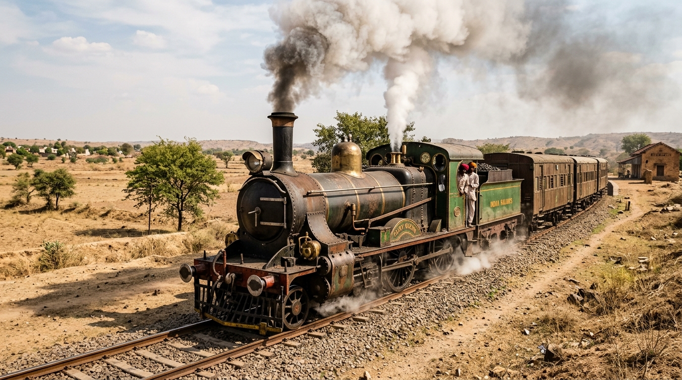 Historic 1850s steam locomotive on iron tracks representing India's first passenger railway.