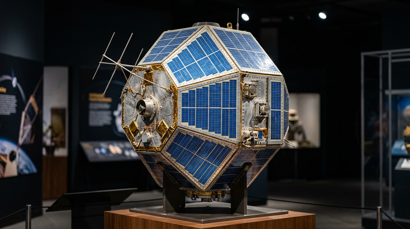 Educational exhibition display of a 1970s geometric satellite with blue solar panels.