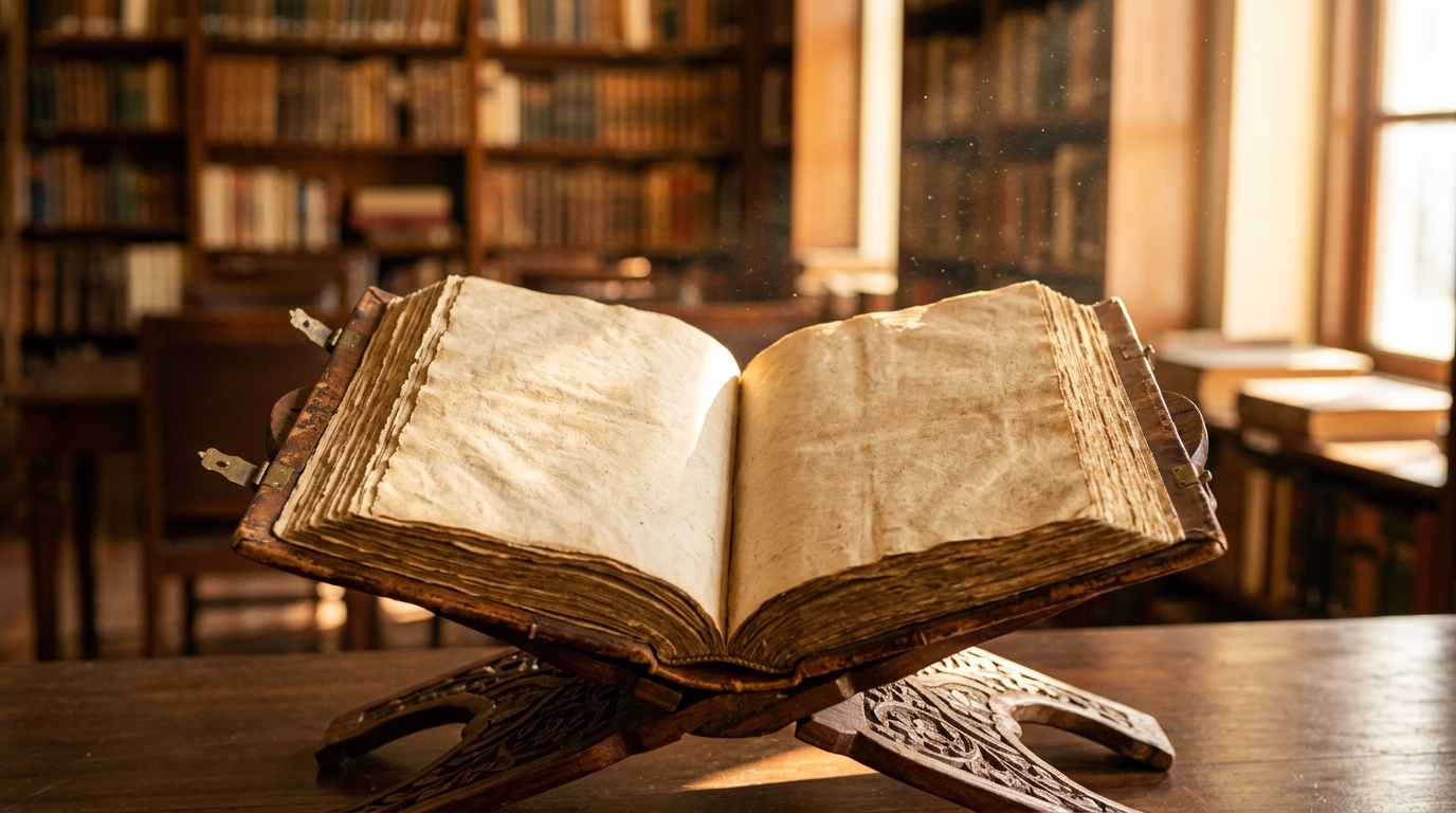 Vintage leather-bound historical book resting on a wooden stand in a sunlit library