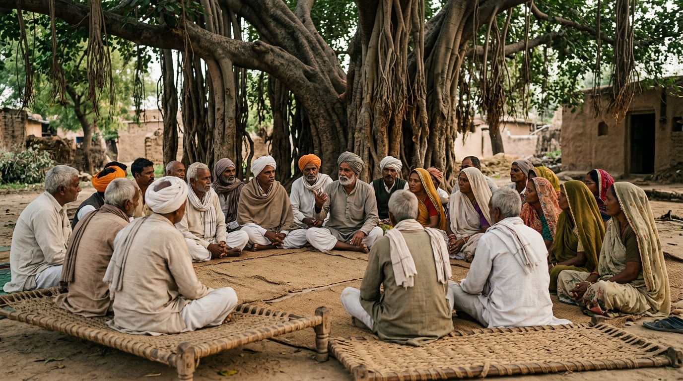 Rural Indian villagers gathered under a Banyan tree for a community council meeting