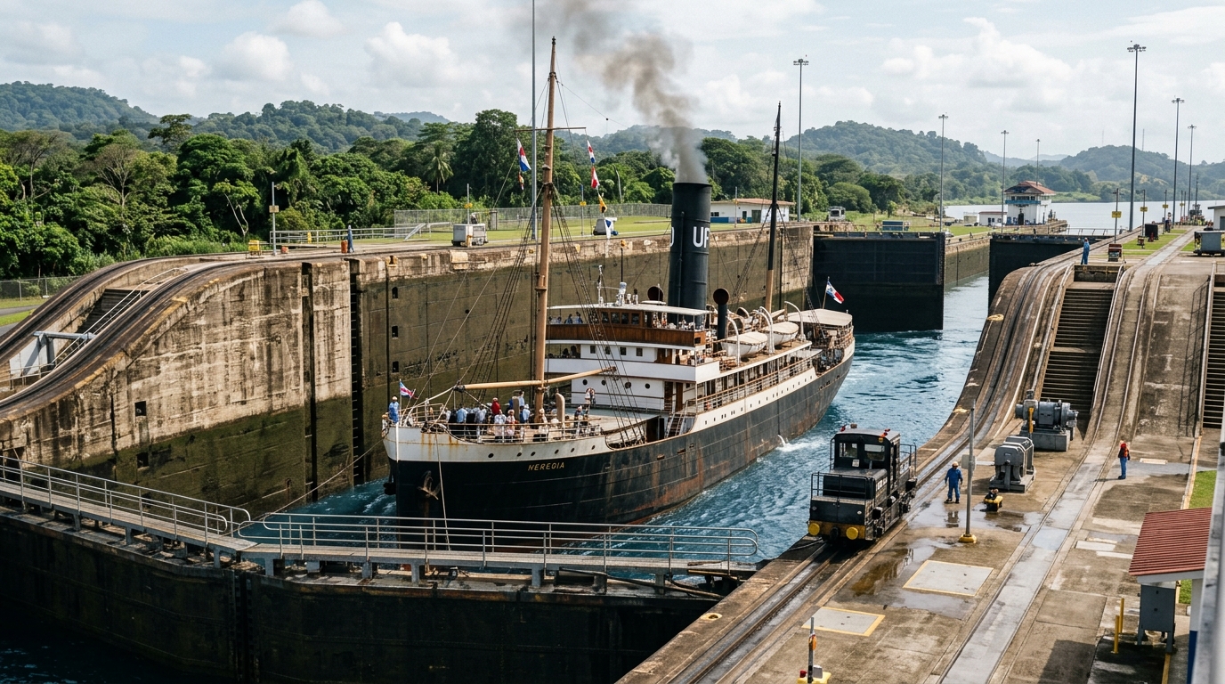 Vintage steamship passing through the Panama Canal locks surrounded by lush tropical hills.