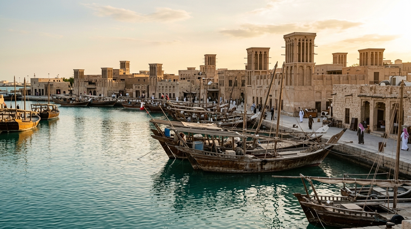 Traditional Bahraini harbor with wooden dhow boats and historical coral stone architecture at sunset.