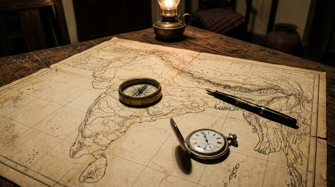 Vintage 1940s map of India with compass and pocket watch representing the 1947 partition timeline.