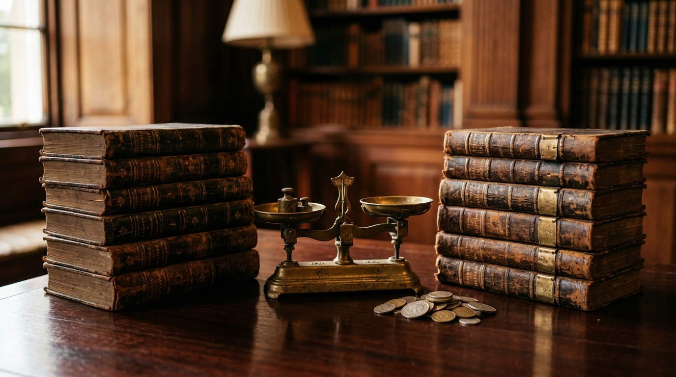 Antique library books and vintage coins being divided into two stacks during India's 1947 partition.