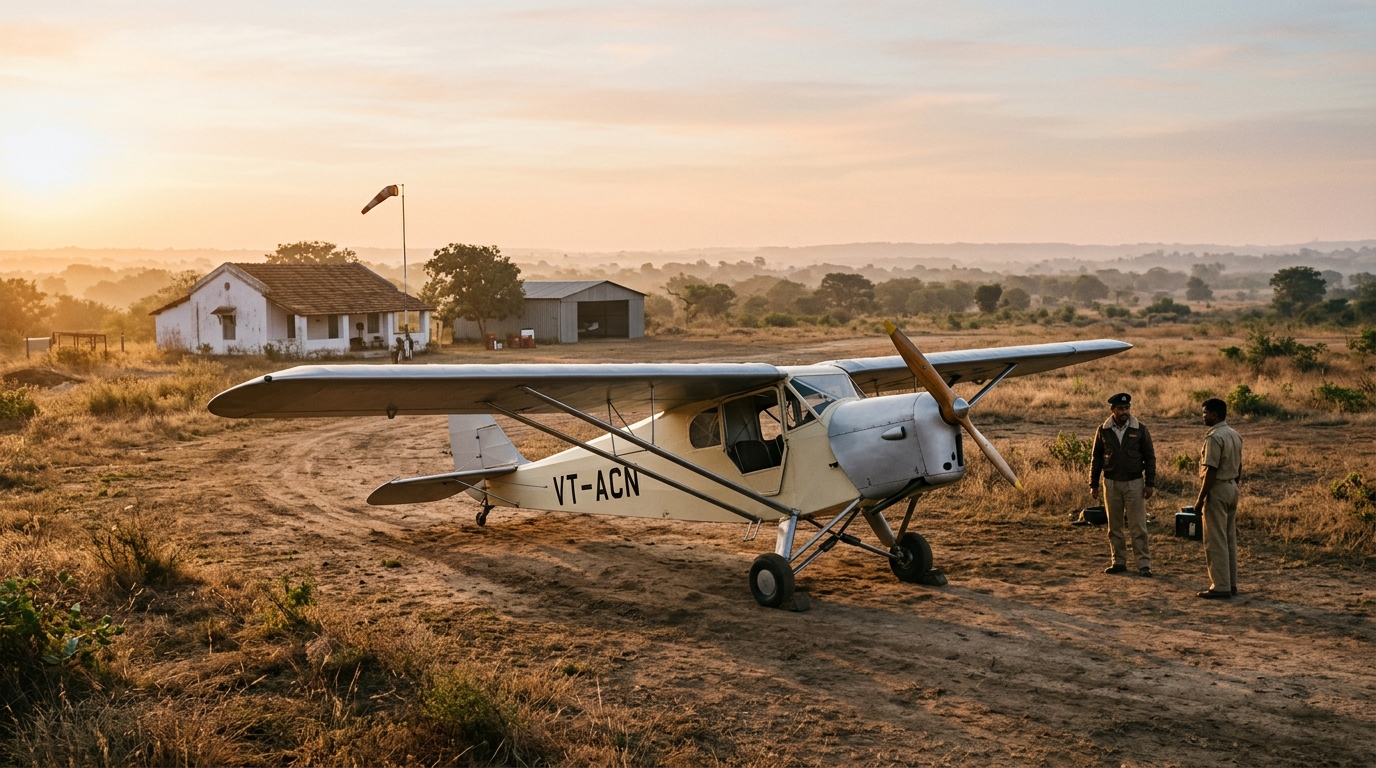Vintage 1932 Puss Moth airplane on a dusty airstrip representing early Indian aviation history.