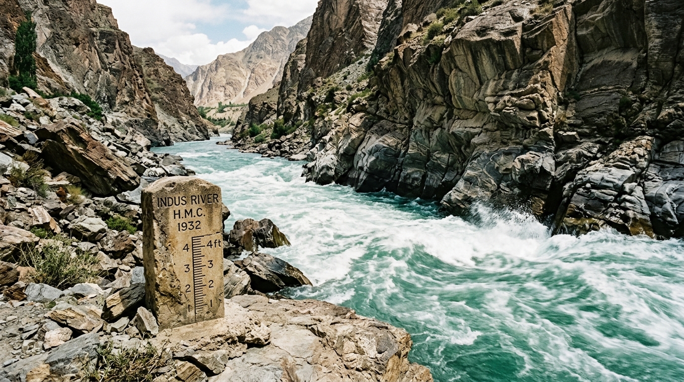 Turbulent waters of the Indus River gorge illustrating the bilateral Indus Waters Treaty agreements.