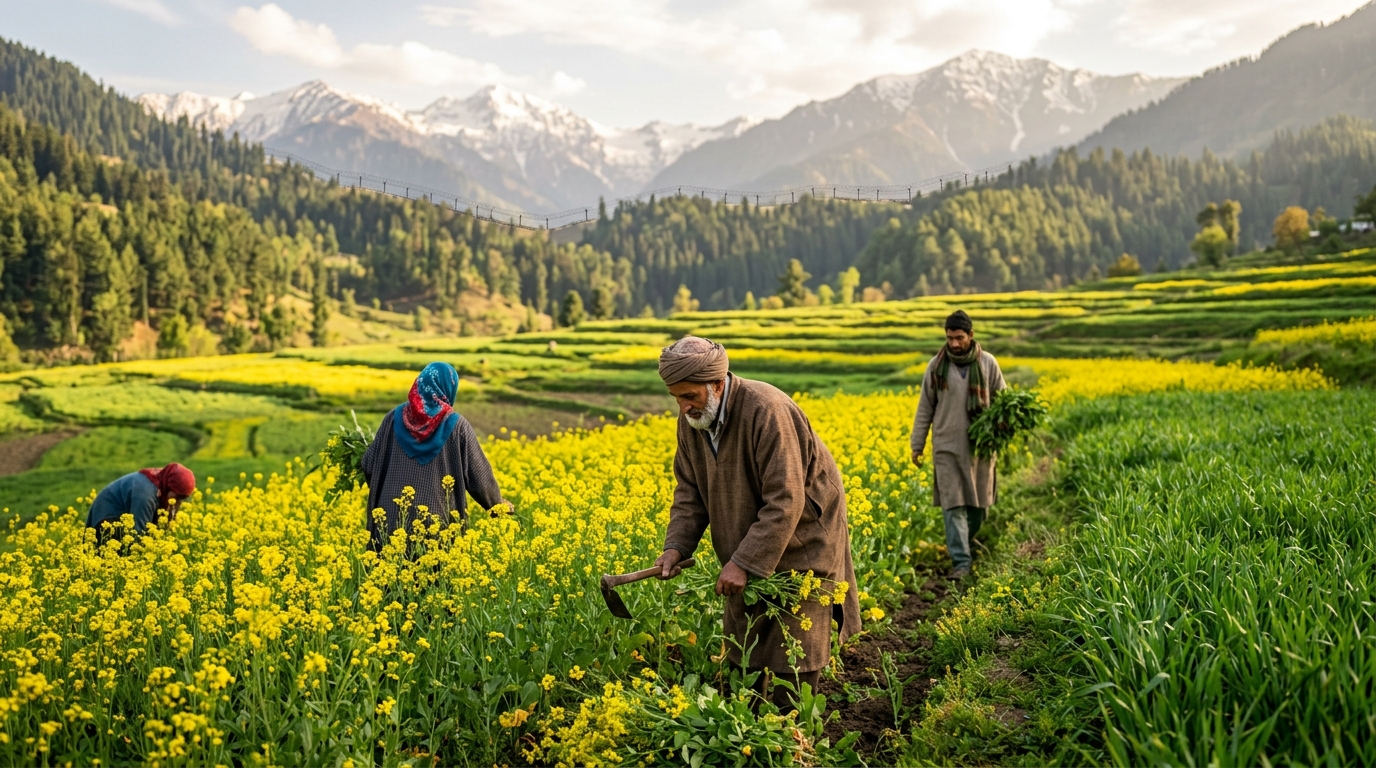 Farmers working in lush agricultural fields near the border following bilateral military ceasefire agreements.