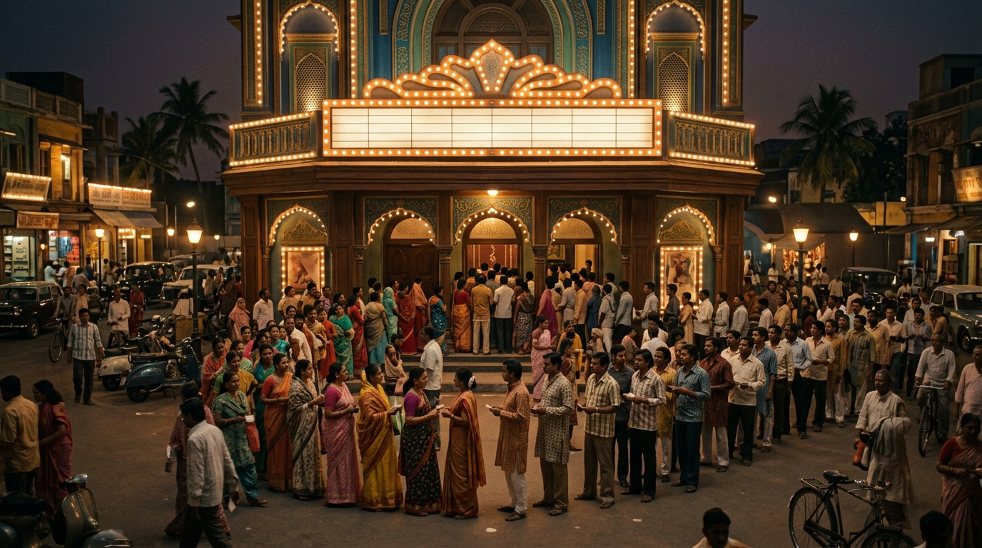 Vintage Indian cinema hall at night with a massive crowd of moviegoers waiting for tickets.