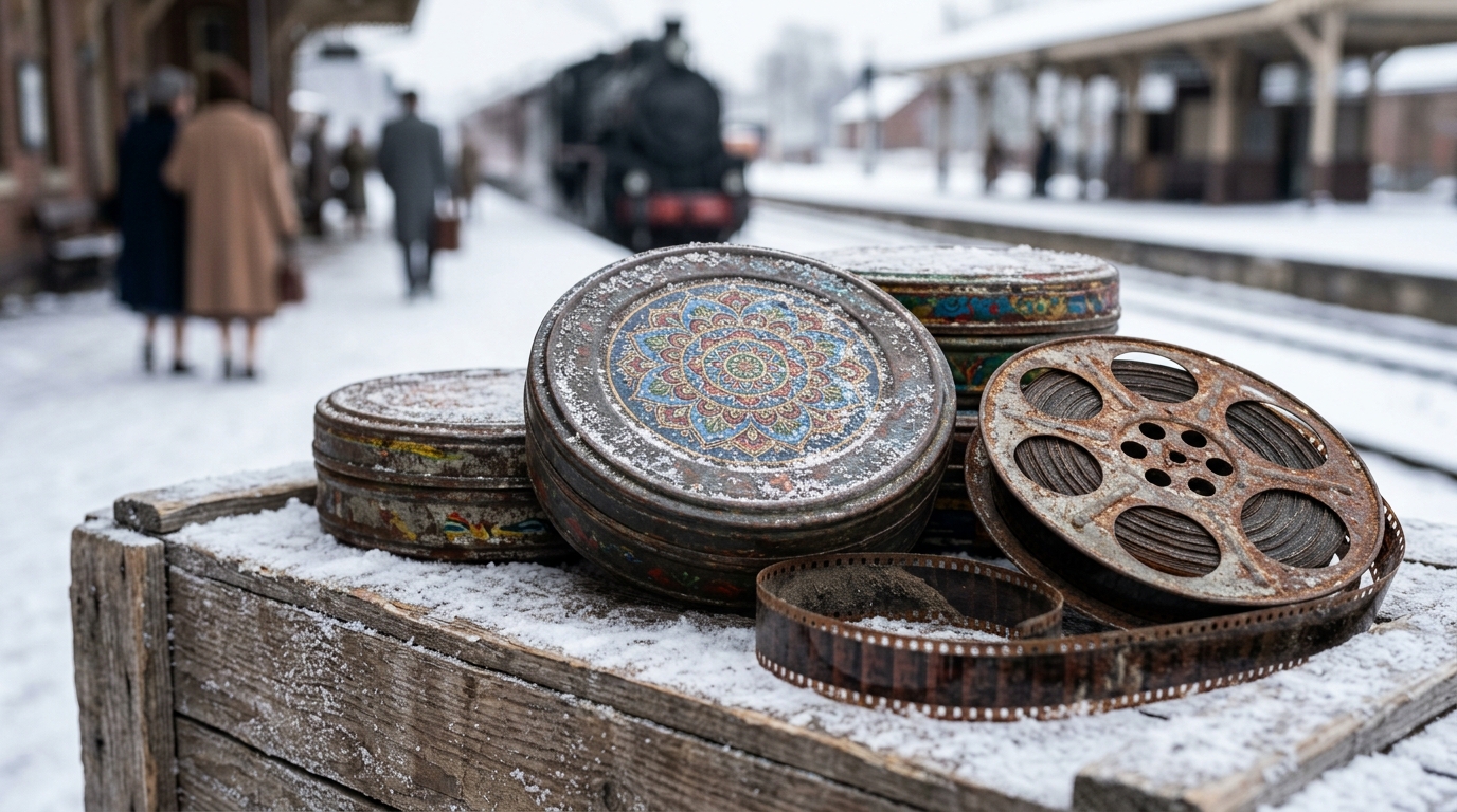 Vintage 35mm film reels and metal canisters on a snowy wooden shipping crate.