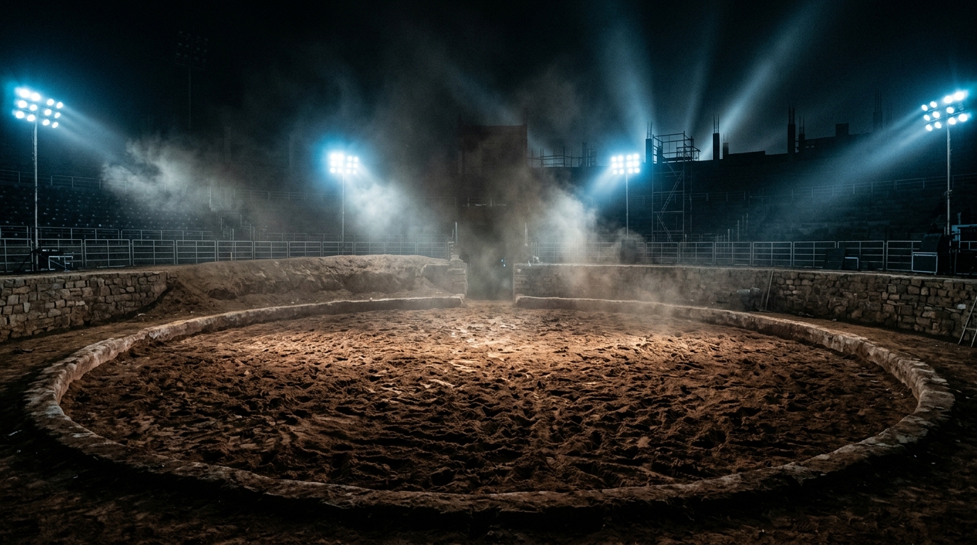 Traditional Indian clay wrestling pit illuminated by bright modern stadium spotlights through heavy dust.