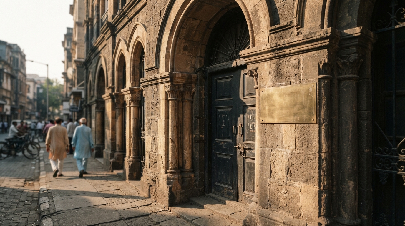 Historic colonial stone building on Dalal Street where Bombay stock brokers once traded