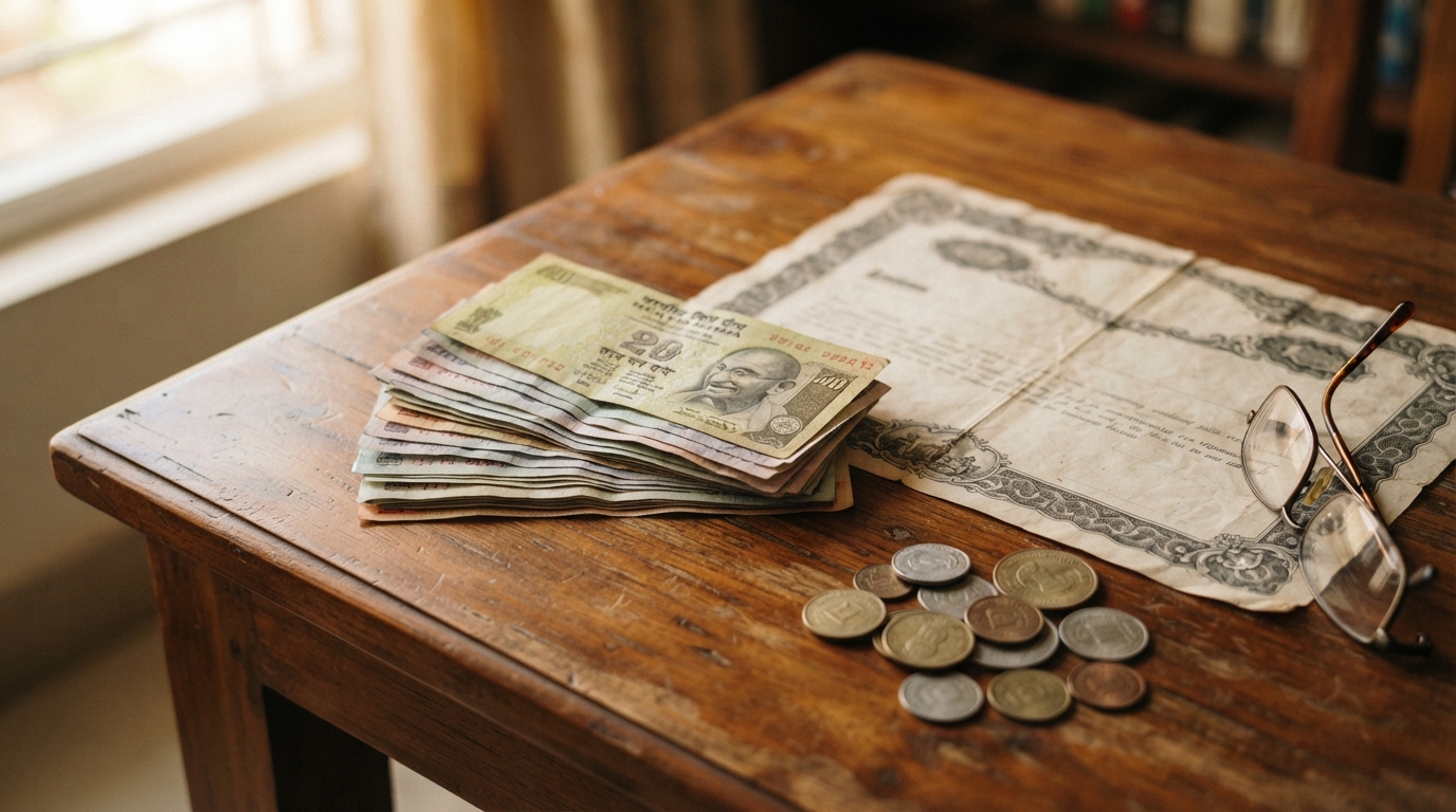 Old rupee notes, stock certificate, and coins illustrating inflation-adjusted investment returns in India