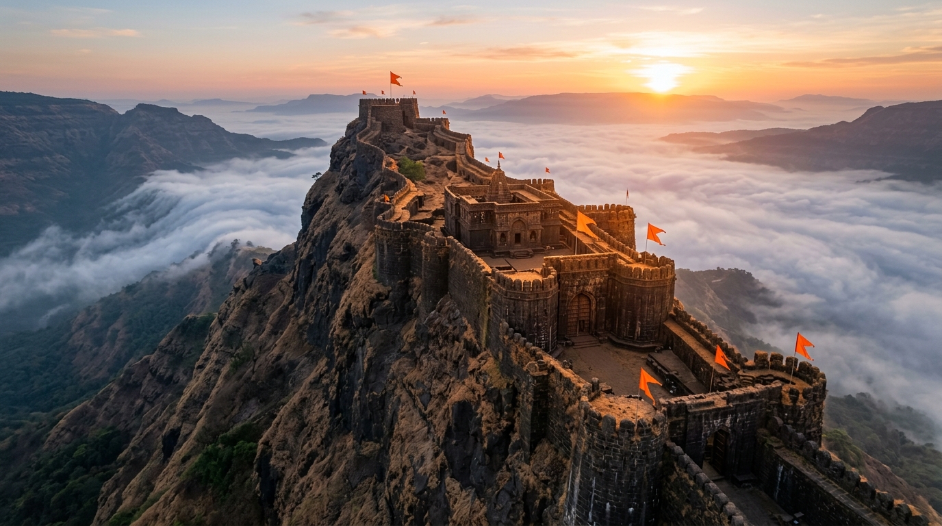 Majestic aerial view of a 17th-century Indian hill fort at sunrise representing Maratha history.