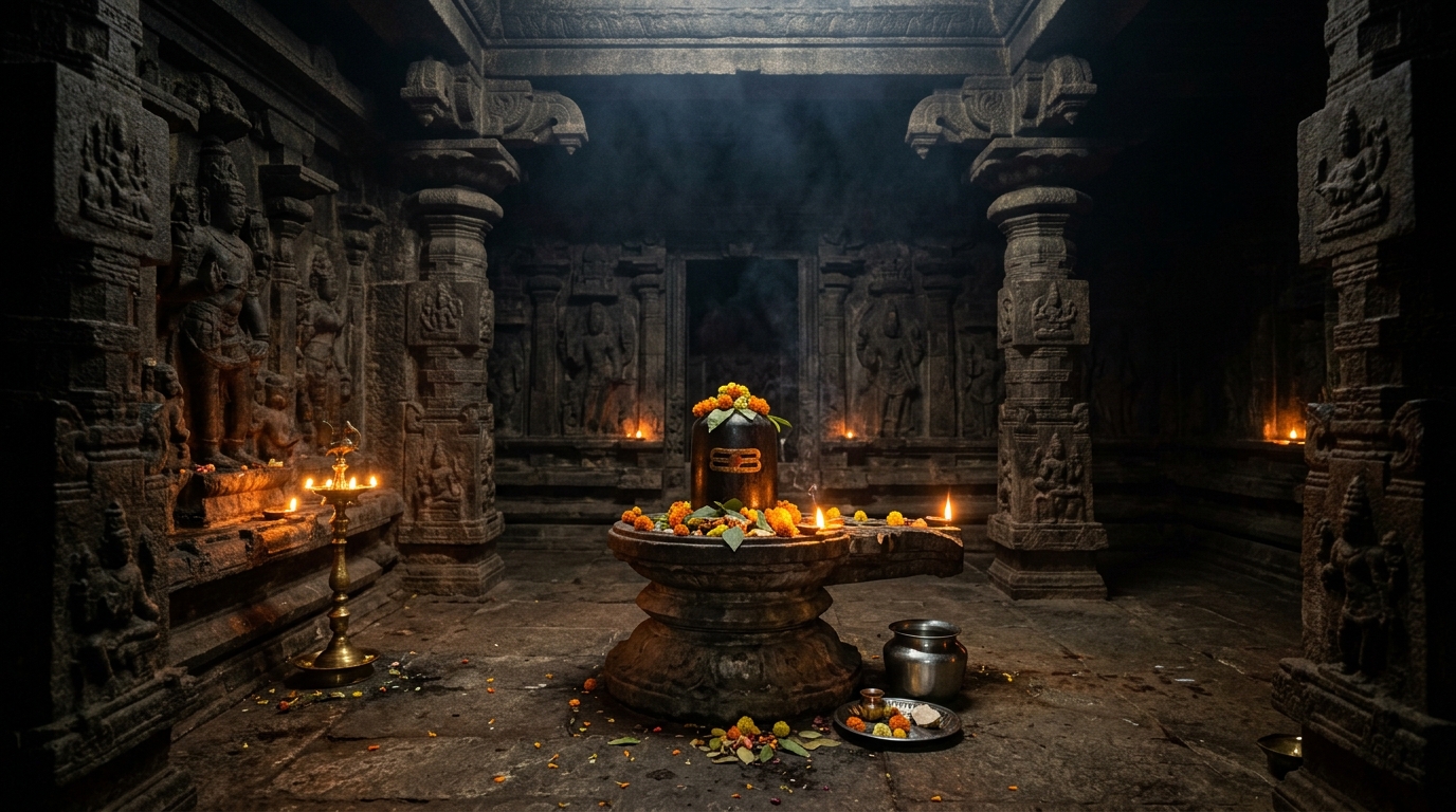 Ancient stone Shiva lingam illuminated by oil lamps in a dark 17th-century temple.