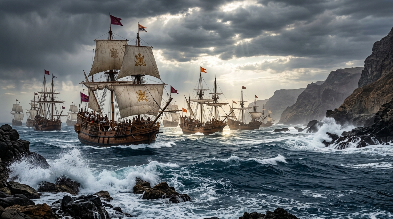 Historic 17th-century Indian wooden warships sailing along a rugged rocky coastline.