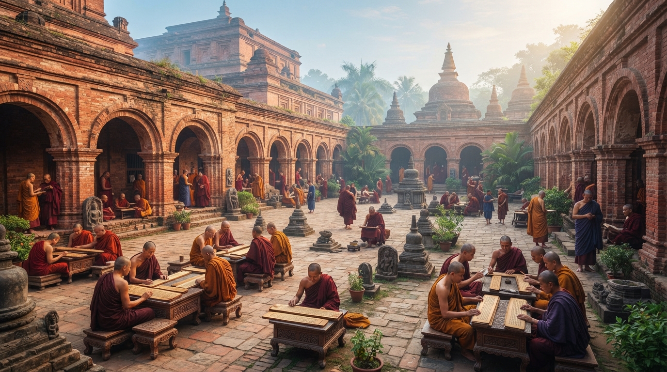 Ancient scholars studying palm leaf manuscripts together in the courtyard of Nalanda University.