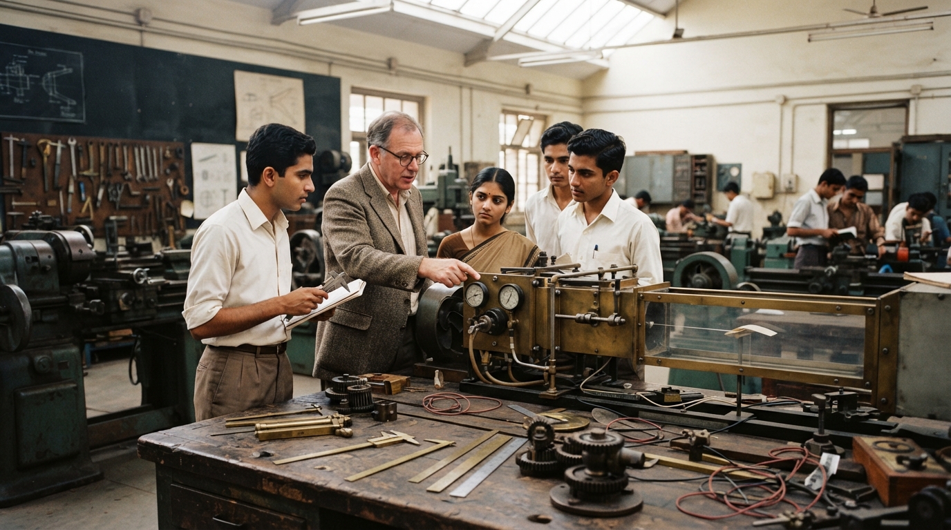 International engineering instructors and Indian students collaborating on technical machinery in a 1960s workshop.
