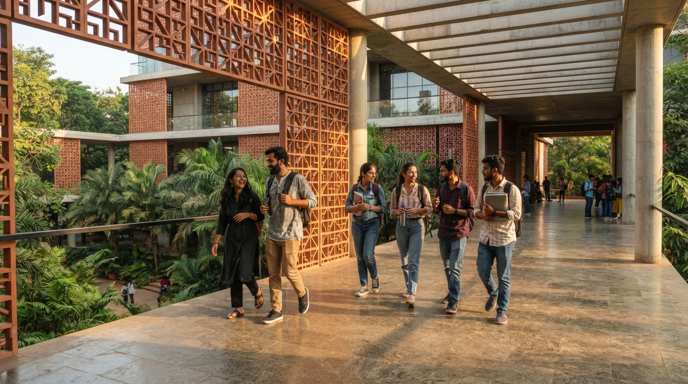 International and Indian university students walking through a modern sunlit campus breezeway with terracotta screens.
