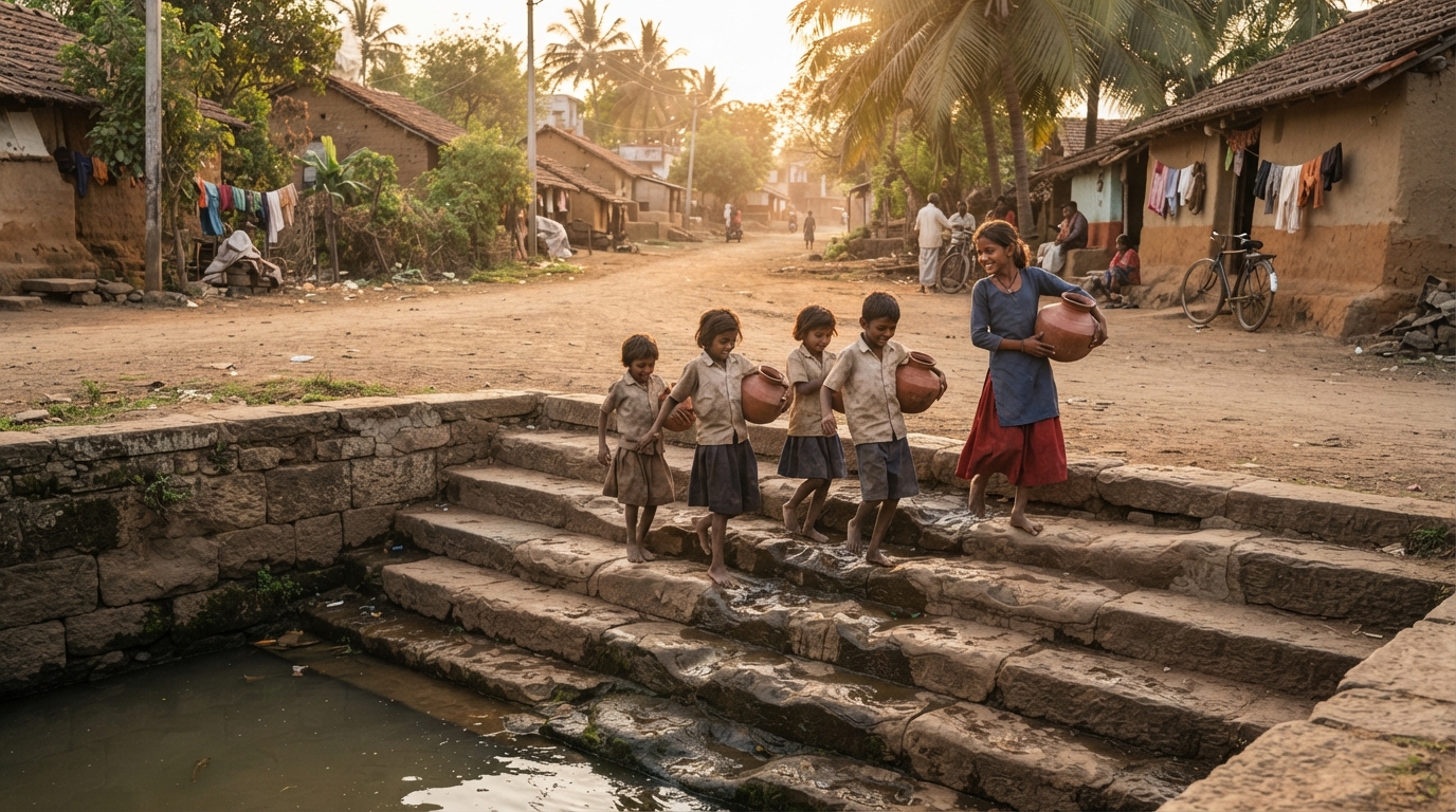 Rural Maharashtra water tank and village path evoking Ambedkar-era Mahad Satyagraha history