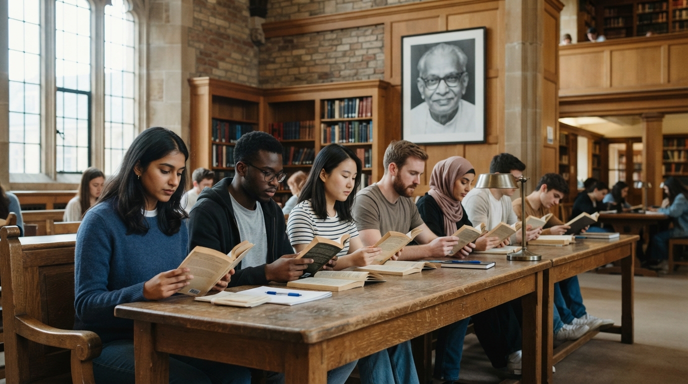 Students in a sunlit university hall reading history of caste equality movements