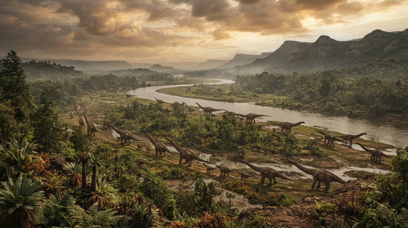 Prehistoric Indian landscape showing titanosaurs grazing along riverbanks in the ancient Lameta Formation.