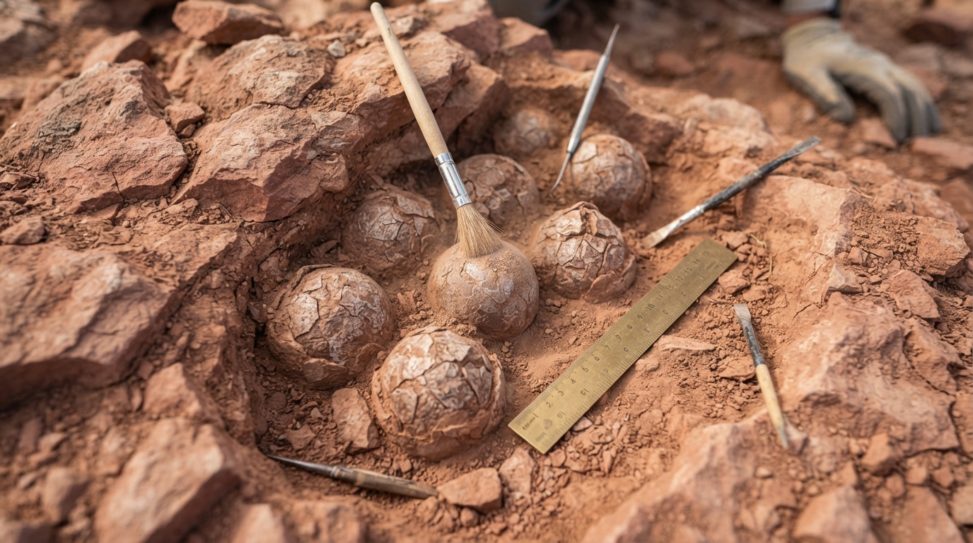 Fossilized dinosaur eggs excavated in sedimentary rock from the Cretaceous period in Central India.