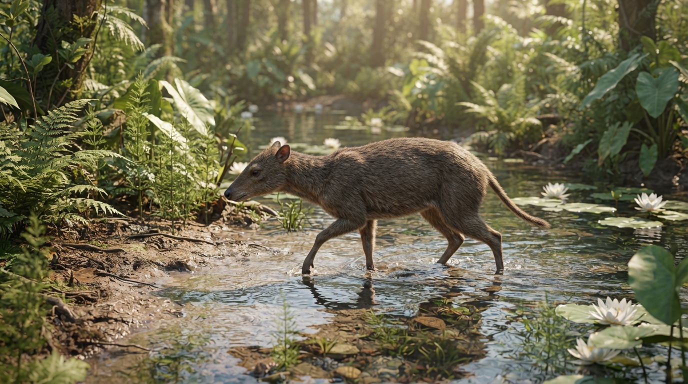 Artistic reconstruction of Indohyus wading along a freshwater stream in ancient prehistoric India.