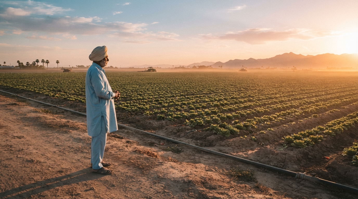 Turbaned farmer in Imperial Valley field at golden hour, representing Indian settlers in California agriculture