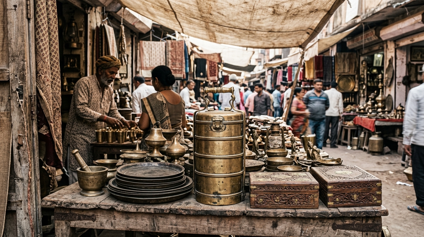Vintage brass tiffin carriers and metal artifacts displayed at an Indian antique market.
